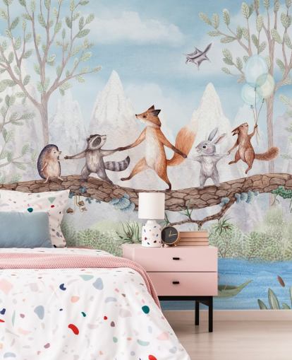 murale da vivaio verde e marrone nei boschi chiamato Animal Adventure della collezione Oliver Robins