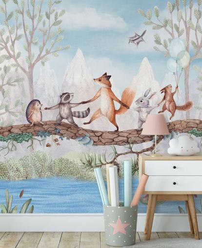 Grünes und braunes Baumschulwandbild aus dem Wald namens Animal Adventure aus der Oliver Robins-Kollektion Grünes und braunes Baumschulwandbild aus dem Wald namens Animal Adventure aus der Oliver Robins-Kollektion