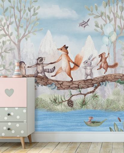 peinture murale verte et brune d'une pépinière boisée intitulée Animal Adventure de la collection Oliver Robins peinture murale verte et brune d'une pépinière boisée intitulée Animal Adventure de la collection Oliver Robins