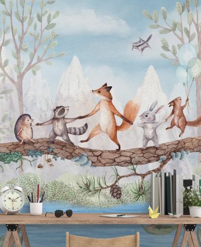 green and brown woodland nursery mural called Animal Adventure from the Oliver Robins collection