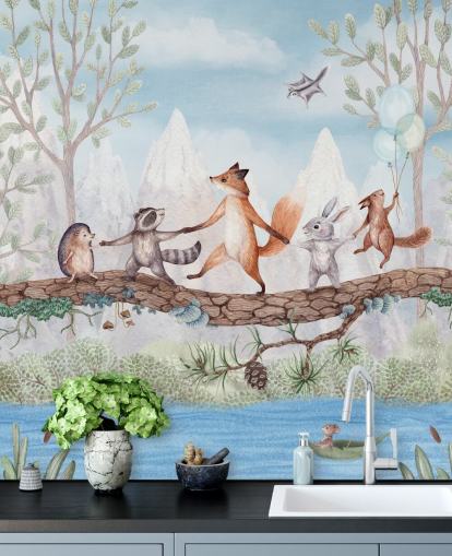 green and brown woodland nursery mural called Animal Adventure from the Oliver Robins collection green and brown woodland nursery mural called Animal Adventure from the Oliver Robins collection