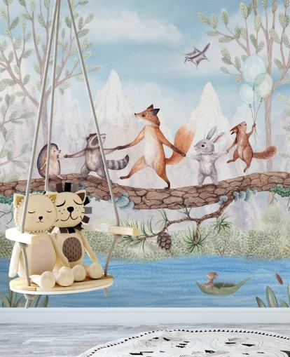 groene en bruine muurschildering in het bos genaamd Animal Adventure uit de Oliver Robins-collectie