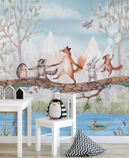 mural de viveiro de floresta verde e marrom chamado Animal Adventure da coleção Oliver Robins