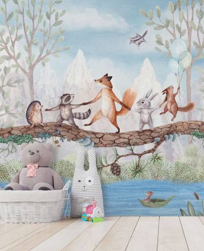 green and brown woodland nursery mural called Animal Adventure from the Oliver Robins collection