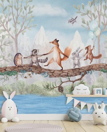 groene en bruine muurschildering in het bos genaamd Animal Adventure uit de Oliver Robins-collectie groene en bruine muurschildering in het bos genaamd Animal Adventure uit de Oliver Robins-collectie
