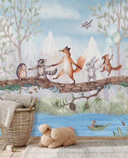 mural de viveiro de floresta verde e marrom chamado Animal Adventure da coleção Oliver Robins