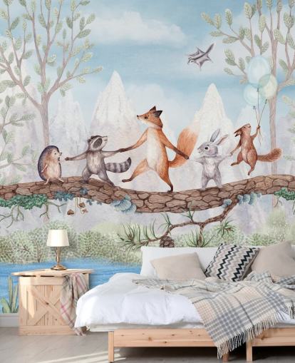 mural de guardería de un bosque verde y marrón llamado Animal Adventure de la colección Oliver Robins mural de guardería de un bosque verde y marrón llamado Animal Adventure de la colección Oliver Robins