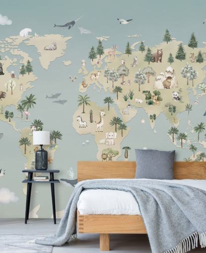 custom kids animal map mural called Animal Atlas Blue from the Oliver Robins collection custom kids animal map mural called Animal Atlas Blue from the Oliver Robins collection