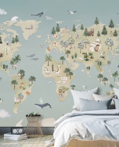 mural personalizado de mapas de animales para niños llamado Animal Atlas Blue de la colección Oliver Robins mural personalizado de mapas de animales para niños llamado Animal Atlas Blue de la colección Oliver Robins