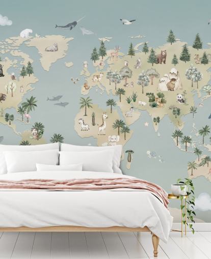 custom kids animal map mural called Animal Atlas Blue from the Oliver Robins collection