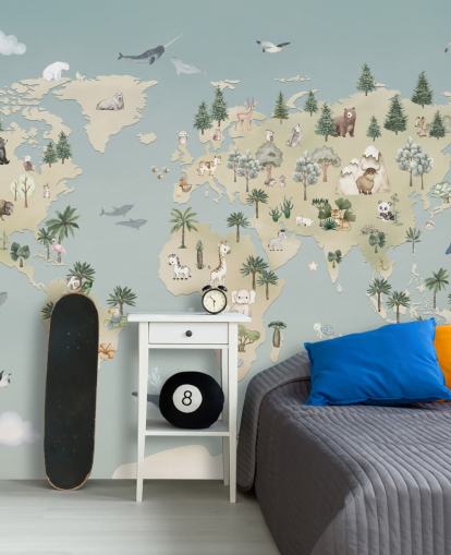 murale personalizzato con mappa animale per bambini chiamato Animal Atlas Blue della collezione Oliver Robins