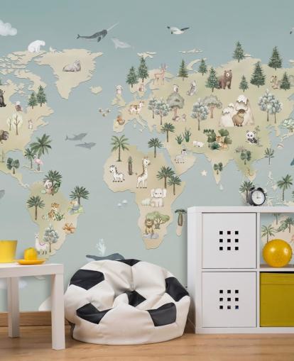 custom kids animal map mural called Animal Atlas Blue from the Oliver Robins collection