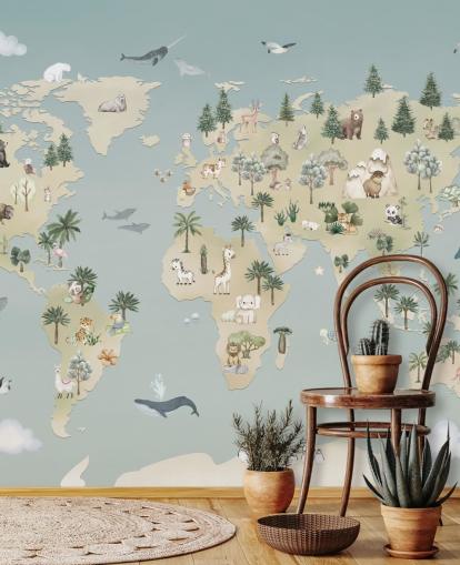 aangepaste muurschildering met dierenkaarten voor kinderen genaamd Animal Atlas Blue uit de Oliver Robins-collectie aangepaste muurschildering met dierenkaarten voor kinderen genaamd Animal Atlas Blue uit de Oliver Robins-collectie