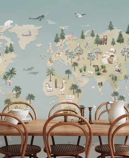 mural personalizado de mapas de animais para crianças chamado Animal Atlas Blue da coleção Oliver Robins