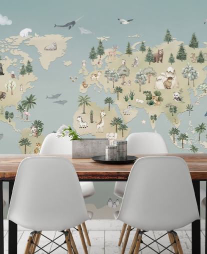 custom kids animal map mural called Animal Atlas Blue from the Oliver Robins collection