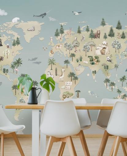 custom kids animal map mural called Animal Atlas Blue from the Oliver Robins collection custom kids animal map mural called Animal Atlas Blue from the Oliver Robins collection