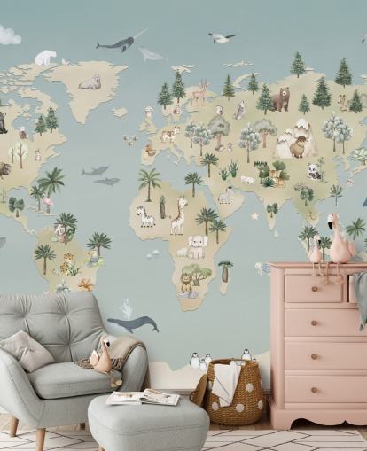 mural personalizado de mapas de animales para niños llamado Animal Atlas Blue de la colección Oliver Robins