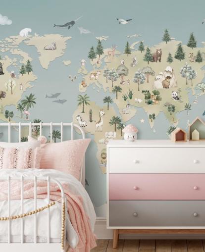 custom kids animal map mural called Animal Atlas Blue from the Oliver Robins collection
