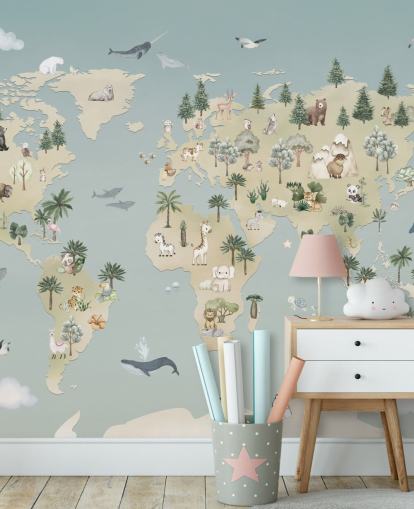 custom kids animal map mural called Animal Atlas Blue from the Oliver Robins collection