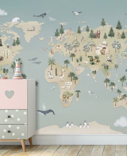 murale personalizzato con mappa animale per bambini chiamato Animal Atlas Blue della collezione Oliver Robins