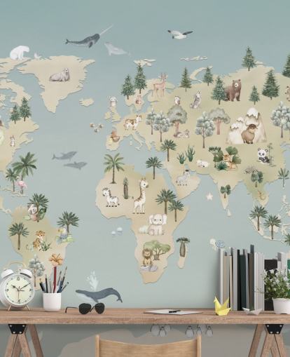 mural personalizado de mapas de animales para niños llamado Animal Atlas Blue de la colección Oliver Robins mural personalizado de mapas de animales para niños llamado Animal Atlas Blue de la colección Oliver Robins