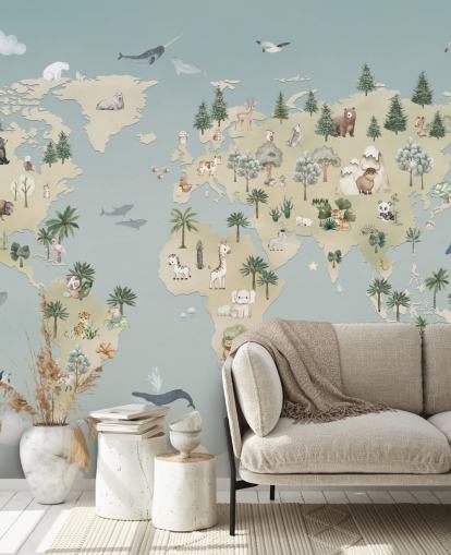 custom kids animal map mural called Animal Atlas Blue from the Oliver Robins collection