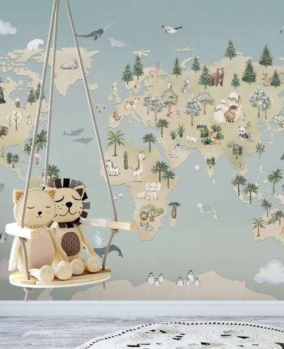 custom kids animal map mural called Animal Atlas Blue from the Oliver Robins collection custom kids animal map mural called Animal Atlas Blue from the Oliver Robins collection