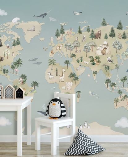 custom kids animal map mural called Animal Atlas Blue from the Oliver Robins collection