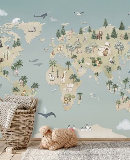 mural personalizado de mapas de animales para niños llamado Animal Atlas Blue de la colección Oliver Robins