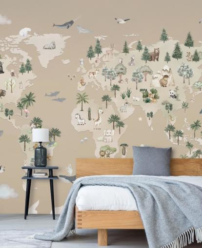 bruine kinderkaartmuurschildering genaamd Animal Atlas Brown uit de collectie van Oliver Robins bruine kinderkaartmuurschildering genaamd Animal Atlas Brown uit de collectie van Oliver Robins
