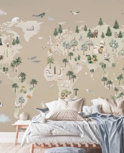 mural marrom de mapas infantis chamado Animal Atlas Brown da coleção Oliver Robins