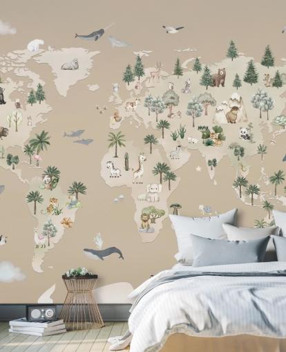 mural marrón con un mapa infantil llamado Animal Atlas Brown de la colección Oliver Robins