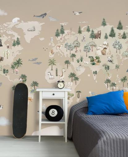 brown children's map mural called Animal Atlas Brown from the Oliver Robins collection brown children's map mural called Animal Atlas Brown from the Oliver Robins collection