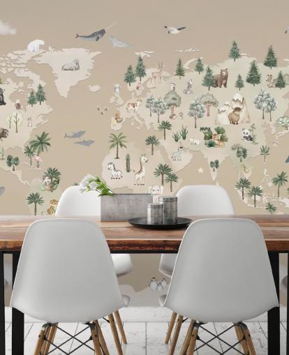 mural marrón con un mapa infantil llamado Animal Atlas Brown de la colección Oliver Robins