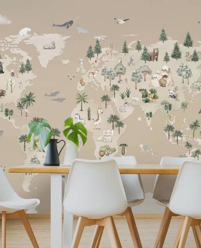 mural marrón con un mapa infantil llamado Animal Atlas Brown de la colección Oliver Robins