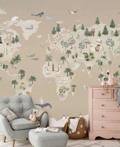 carte murale marron pour enfants appelée Animal Atlas Brown de la collection Oliver Robins carte murale marron pour enfants appelée Animal Atlas Brown de la collection Oliver Robins