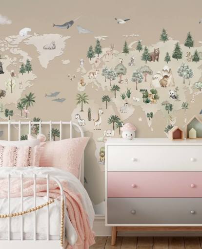 mural marrón con un mapa infantil llamado Animal Atlas Brown de la colección Oliver Robins