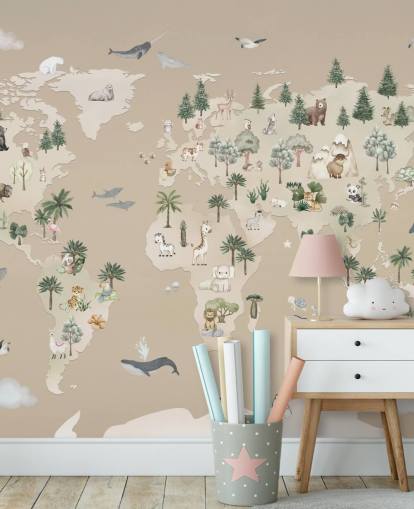 carte murale marron pour enfants appelée Animal Atlas Brown de la collection Oliver Robins