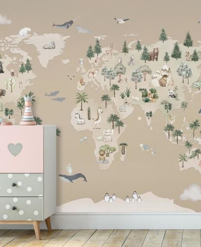 bruine kinderkaartmuurschildering genaamd Animal Atlas Brown uit de collectie van Oliver Robins bruine kinderkaartmuurschildering genaamd Animal Atlas Brown uit de collectie van Oliver Robins