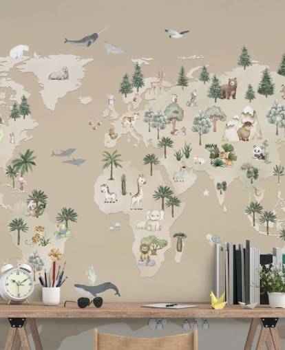 brown children's map mural called Animal Atlas Brown from the Oliver Robins collection