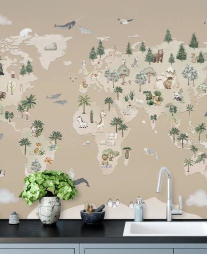mural marrón con un mapa infantil llamado Animal Atlas Brown de la colección Oliver Robins