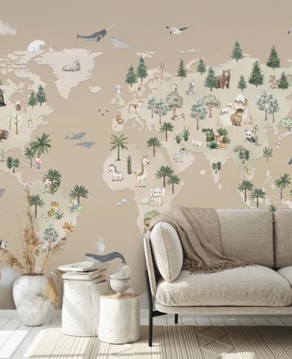 brown children's map mural called Animal Atlas Brown from the Oliver Robins collection