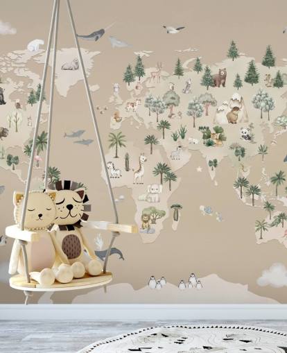 brun barnkartväggmålning som heter Animal Atlas Brown från Oliver Robins-samlingen brun barnkartväggmålning som heter Animal Atlas Brown från Oliver Robins-samlingen