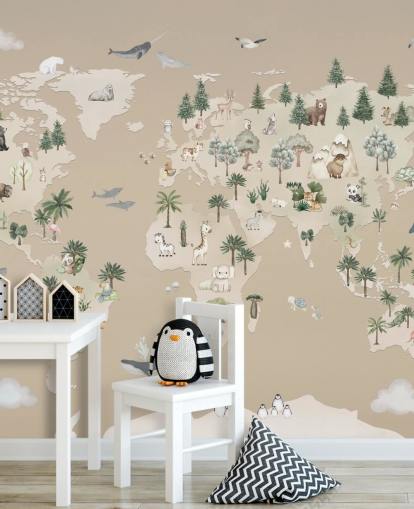 mural marrom de mapas infantis chamado Animal Atlas Brown da coleção Oliver Robins