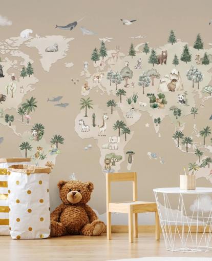 carte murale marron pour enfants appelée Animal Atlas Brown de la collection Oliver Robins