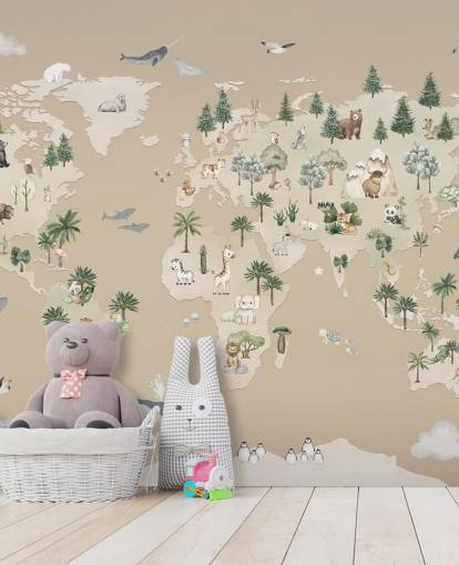 carte murale marron pour enfants appelée Animal Atlas Brown de la collection Oliver Robins