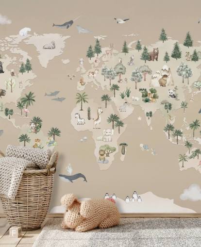 cartina murale marrone per bambini chiamata Animal Atlas Brown della collezione Oliver Robins cartina murale marrone per bambini chiamata Animal Atlas Brown della collezione Oliver Robins