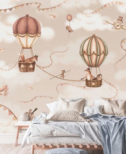 monochrome custom children's animal mural called Aviation Adventure Monochrome from the Oliver Robins range