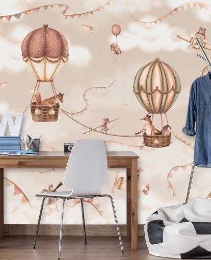 monochrome custom children's animal mural called Aviation Adventure Monochrome from the Oliver Robins range