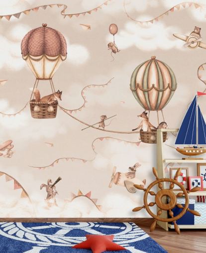 mural monocromático de animais infantis personalizado chamado Aviation Adventure Monochrome da linha Oliver Robins